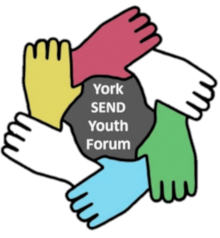 York SEND Youth Forum logo - a circle made up of hands, each holding the next one to represent a group with York SEND Youth Forum written in the middle